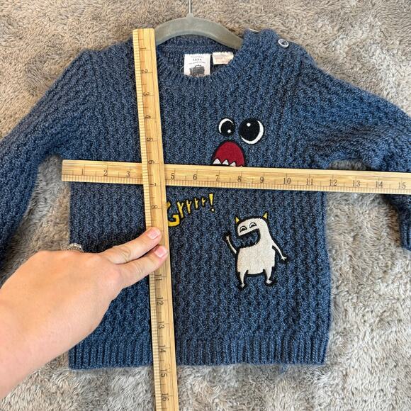 Zara Kids Baby Knitwear Blue Sweater 18-24 Months Toddler Boy Monster Applique - Picture 9 of 9
